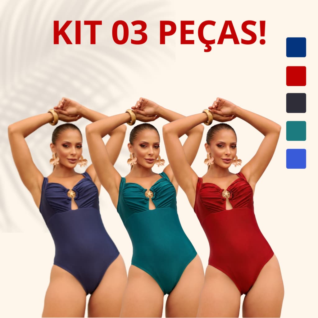Kit 3 Maiô Feminino Beach Gloss Poliamida Lycra Premium Alça Modelador Proteção Solar UV e Bojo Removível Moda Praia
