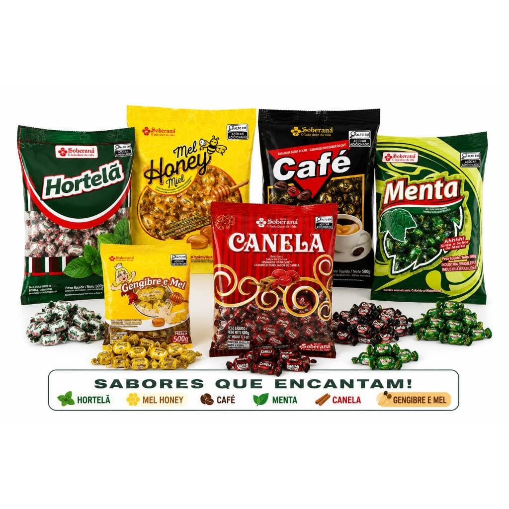 Pacotes Bala Dura Soberana Sabores Café IGengibre e Mel IMenta I Canela IHortelãI Mel