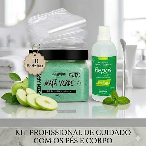 1 Kit Spa dos Pés – FIM dos Calos  Pés Lisinhos e Macios: Esfoliante Maça Verde + Repos 150 ml+  +Espátula 222+ Botinhas