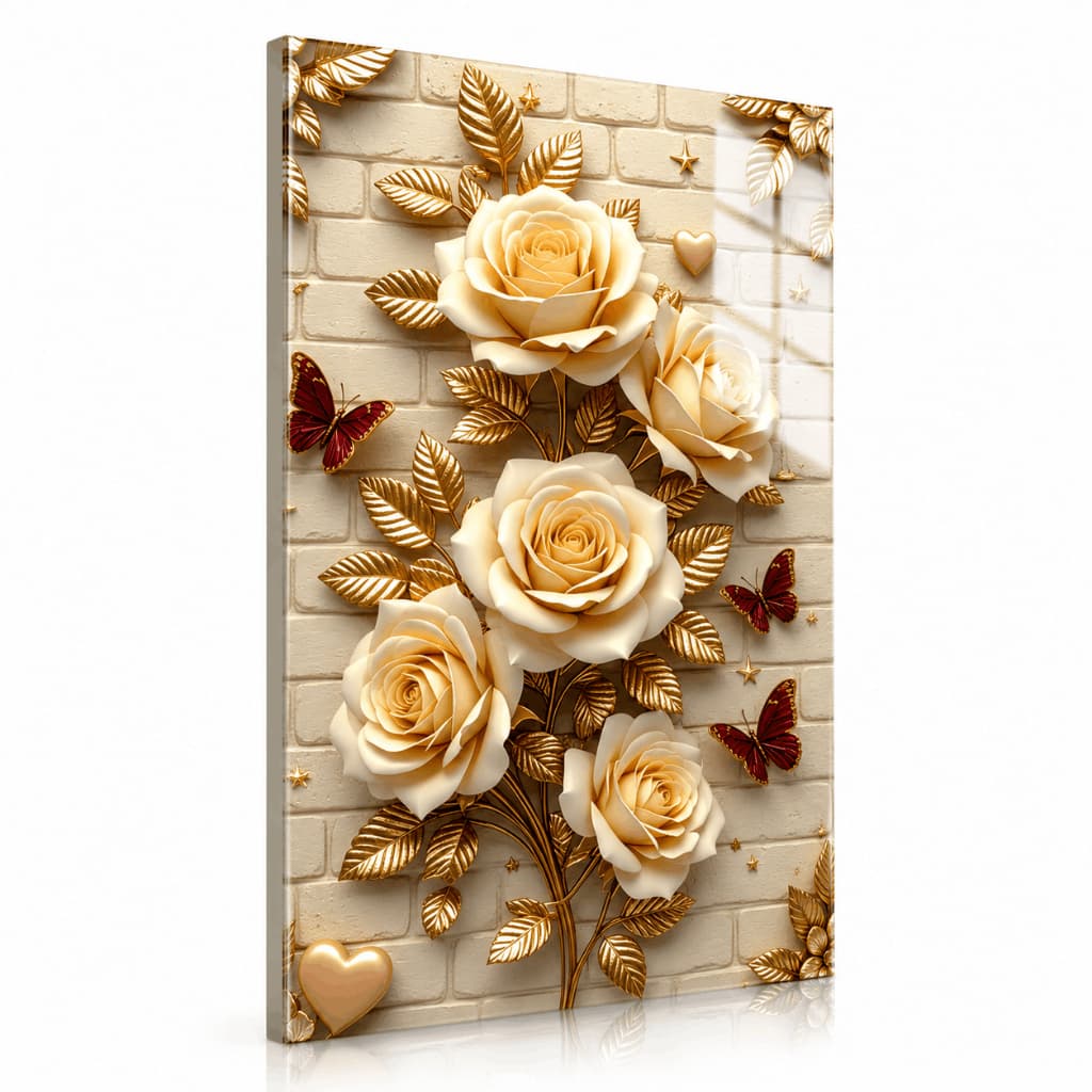 Quadro Decorativo Rosas Brancas Douradas Borboletas Vermelhas Premium Para Sala Quarto Luxo