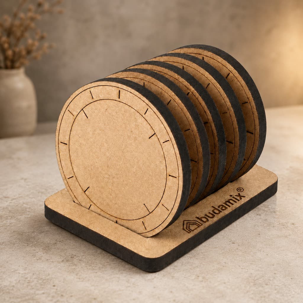 Budamix Kit 6 Porta Copos MDF 6mm Com Suporte Corte Laser Design Solaris Descanso Copo Bolacha Mesa