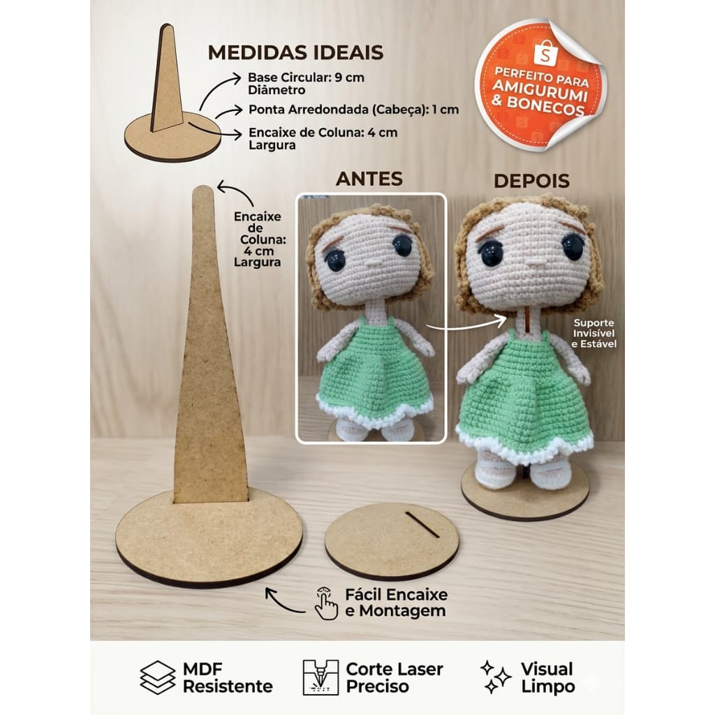 kit 3 Unidades Base de MDF para Boneca e Amigurumi Suporte Invisível com Encaixe de Cabeça Redondeado – Diâmetro 9cm