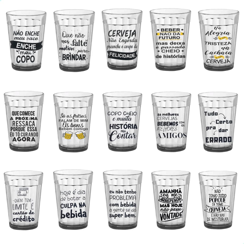 Kit De 15 Copos Americano De Vidro 190ml Decorado Com Frases Diversas Memes