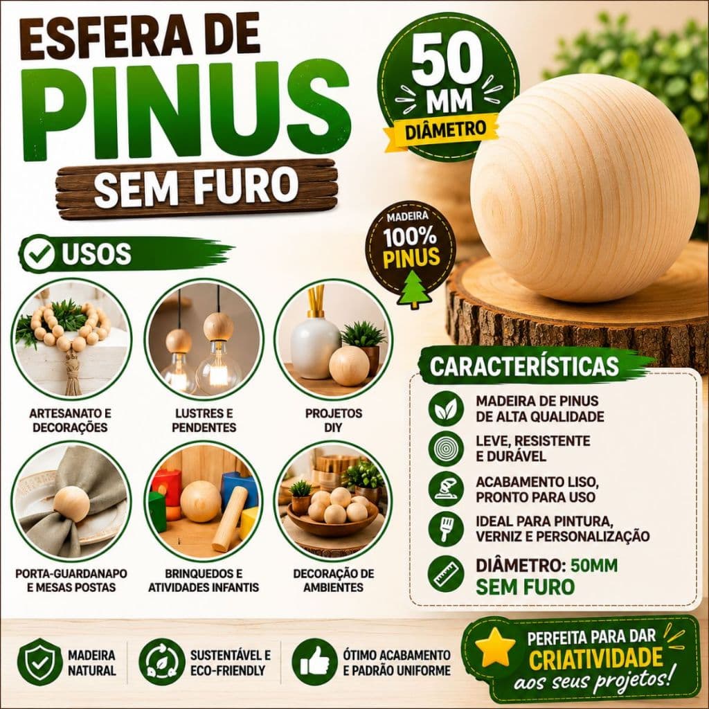 Esfera De Pinus 50mm Madeira Natural Lisa Artesanato DIY Decoração Enfeites