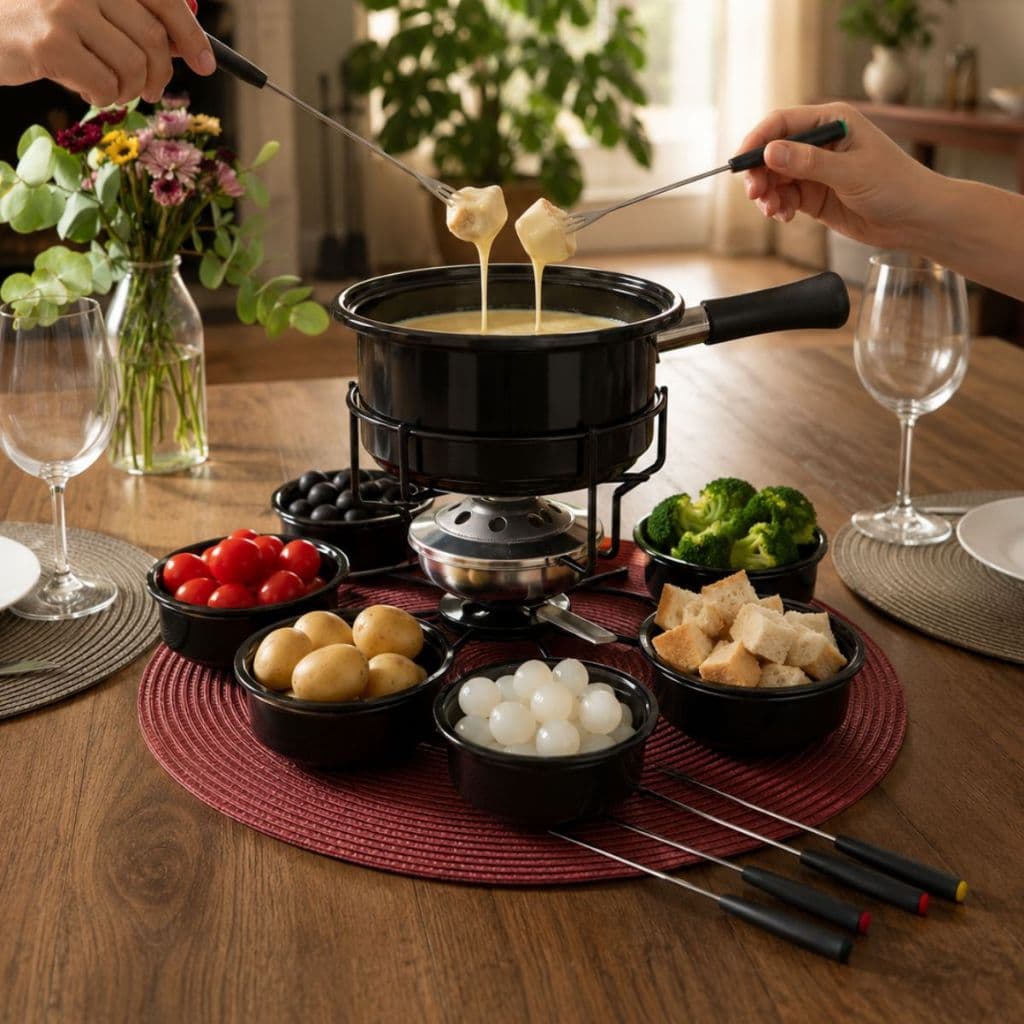 Aparelho de Fondue Base Giratória Viena 16 pçs Completo Para 6 Pessoas Queijo Chocolate