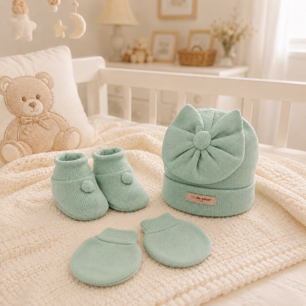 Kit Touca Luva E Sapatinho Tricô Tricot Bebê Maternidade