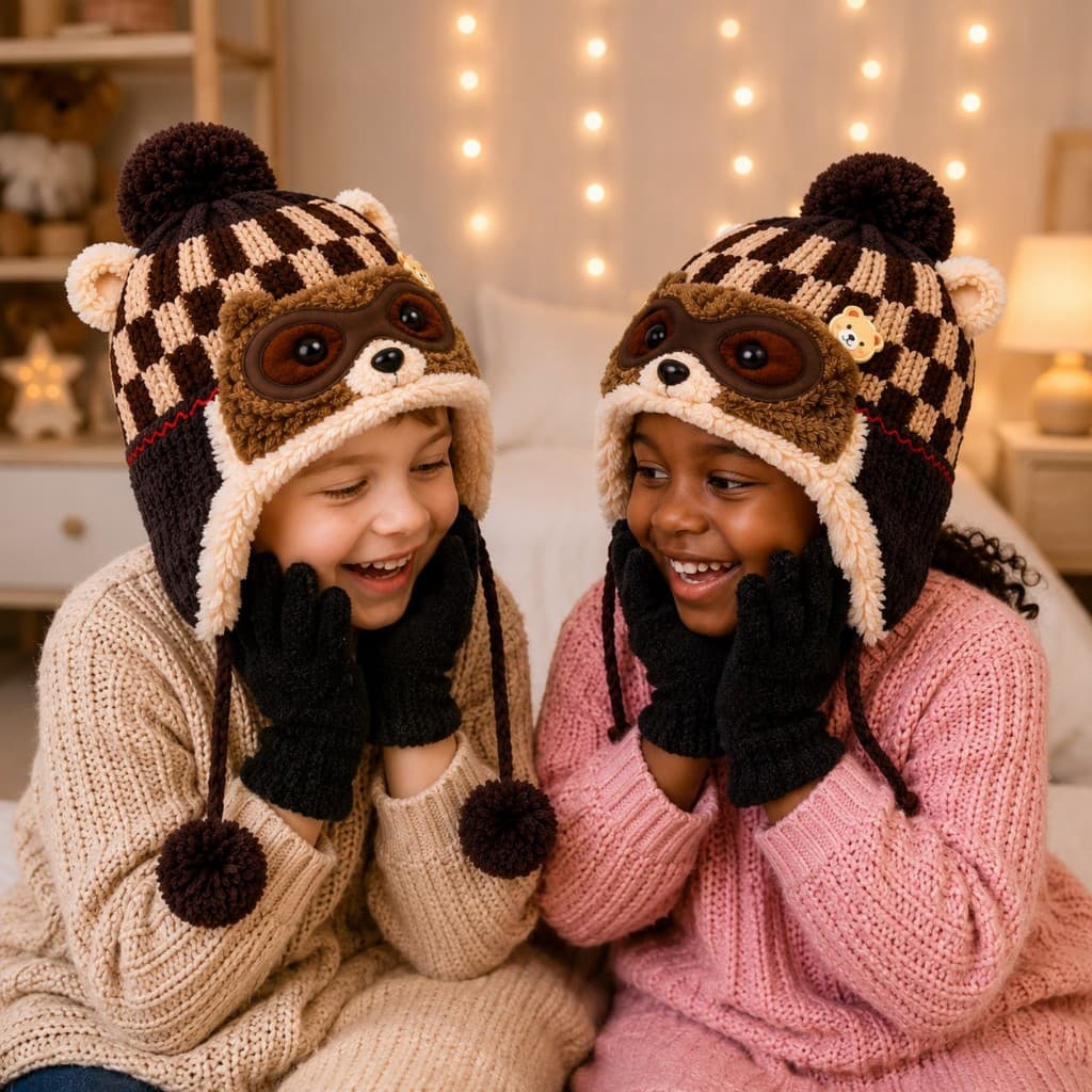Kit Touca Infantil Urso Aviador + Luva Flanelada Preta Inverno Premium Quentinha Infantil