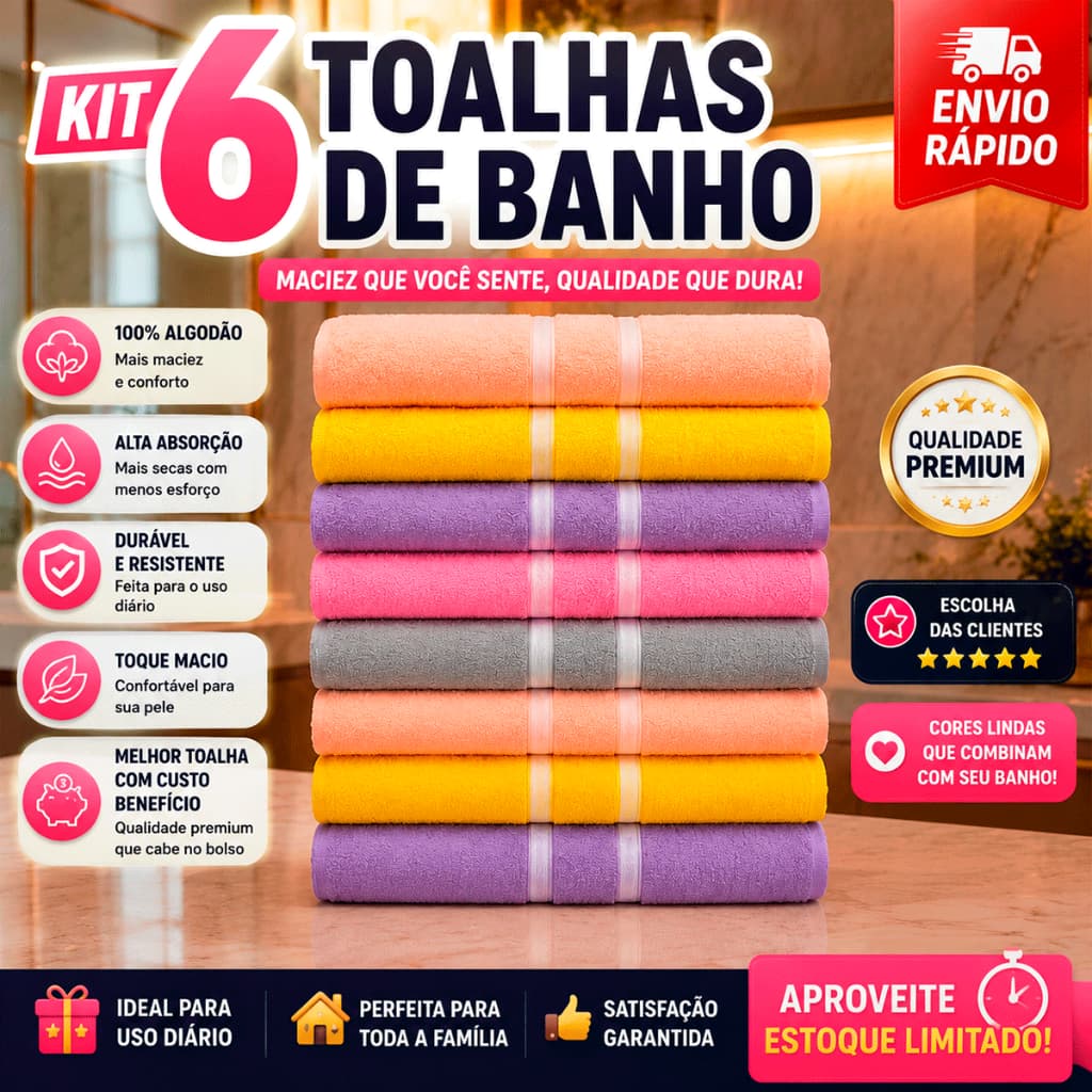 Kit 6 Toalhas de Banho 60x120 Macias 100% Algodão Excelente Custo Benefício