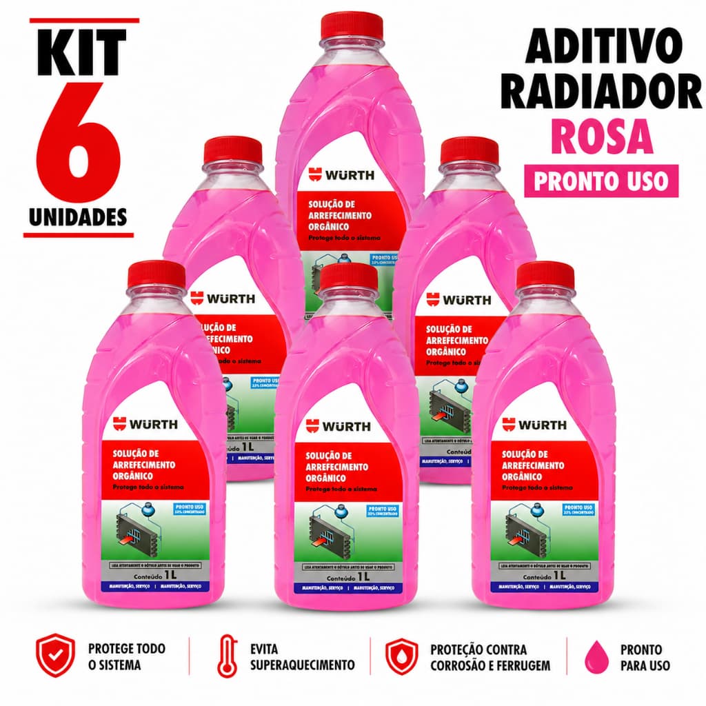 Kit 6 Aditivo Radiador Rosa Wurth 1L Pronto Uso Orgânico OAT Proteção Anticorrosiva