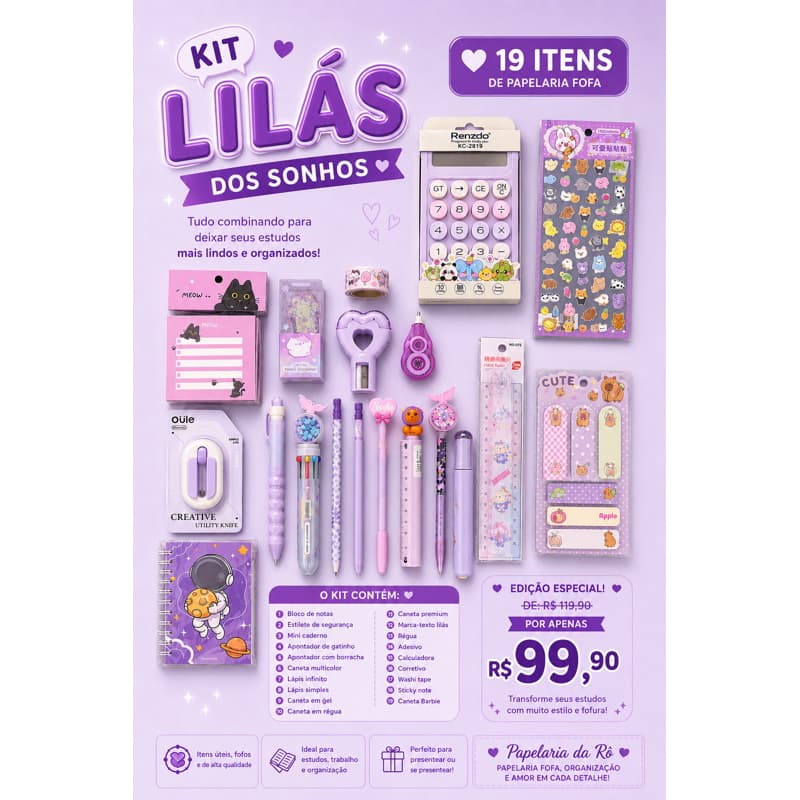 Kit Papelaria Fofa Lilás 19 Itens | Presente Criativo e Escolar