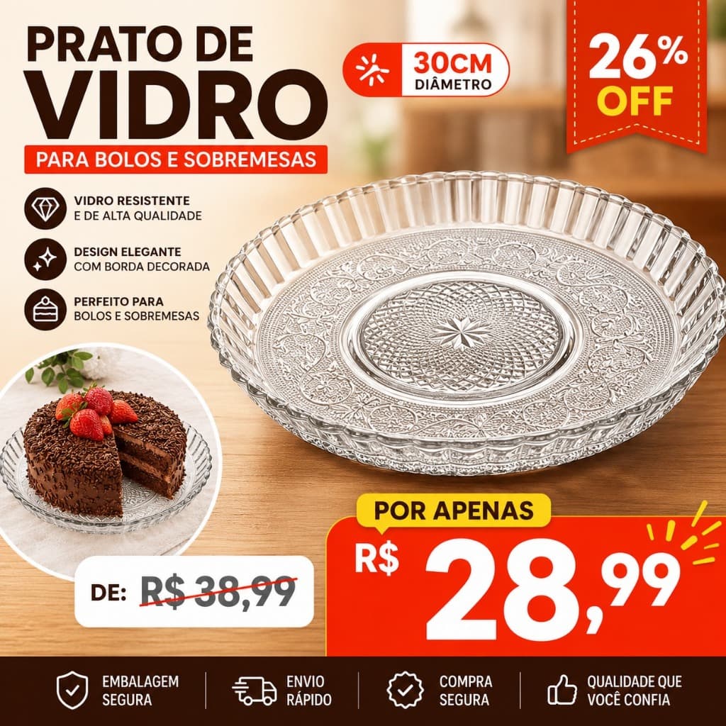 Prato Com Borda Em Vidro Para Sobremesas Bolo 30cm