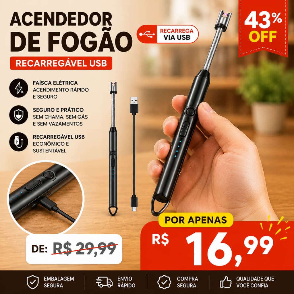Acendedor de Fogão Recarregável USB
