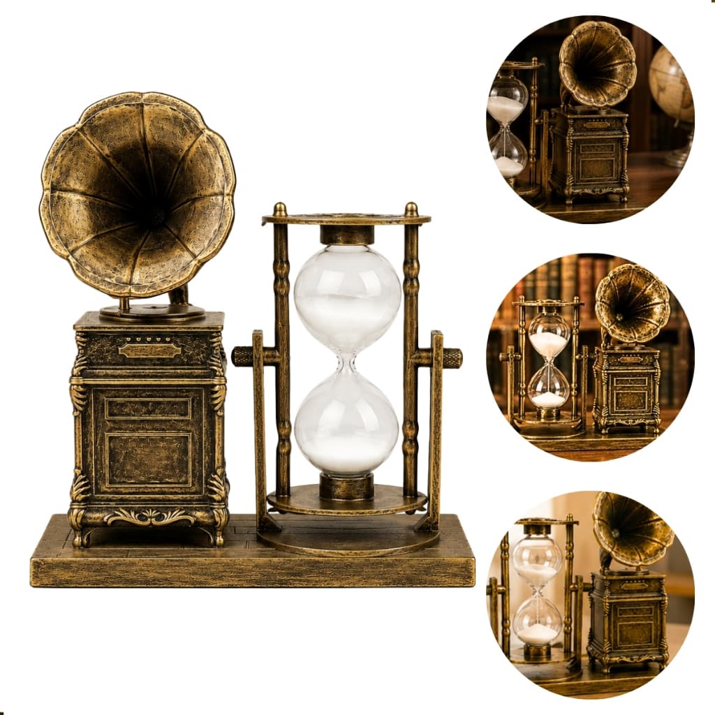 Ampulheta Decorativa Vintage Com Gramofone Retrô Decoração Dourada Gramofone Retrô