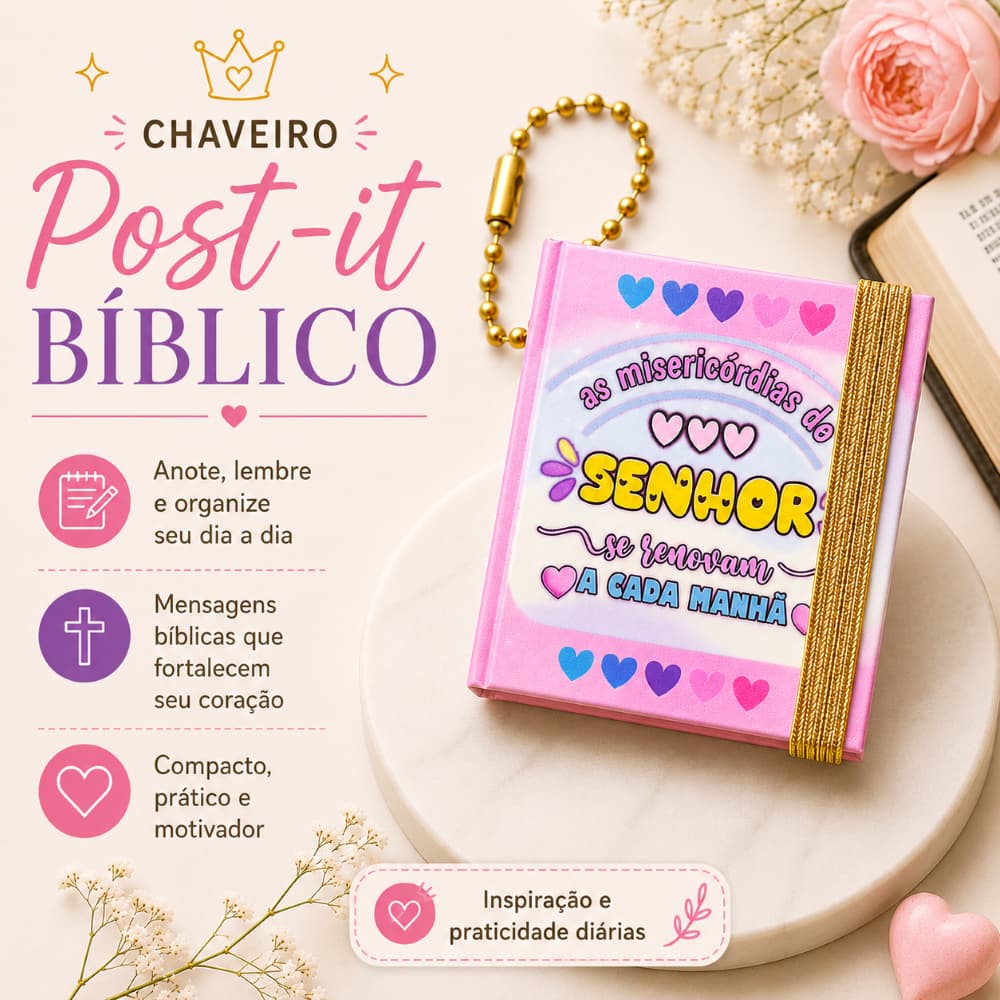 Chaveiro Post-it Bíblico | Mini Bloco de Anotações com Frases Bíblicas e Mensagens de Fé