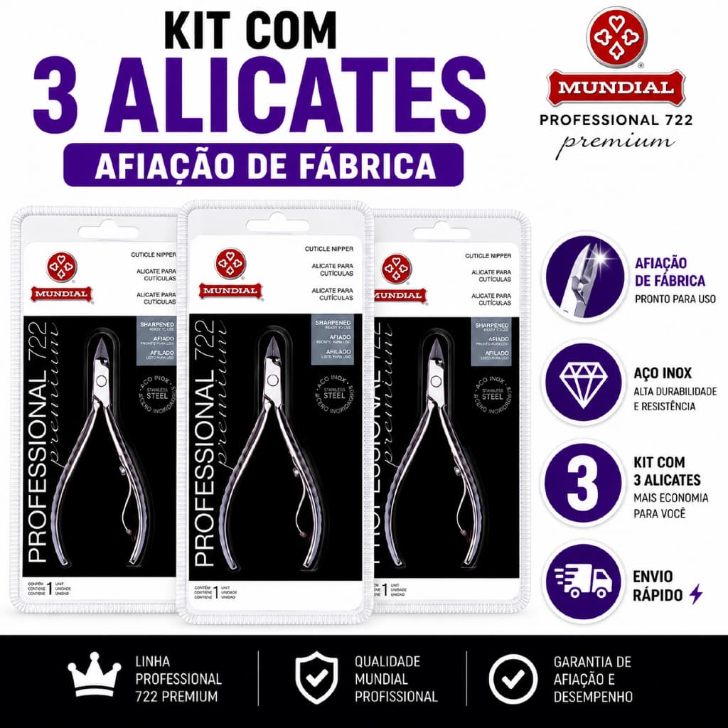 Kit Com 3 Alicates Unhas Cuticula Mundial Profissional 722 Premium Afiado