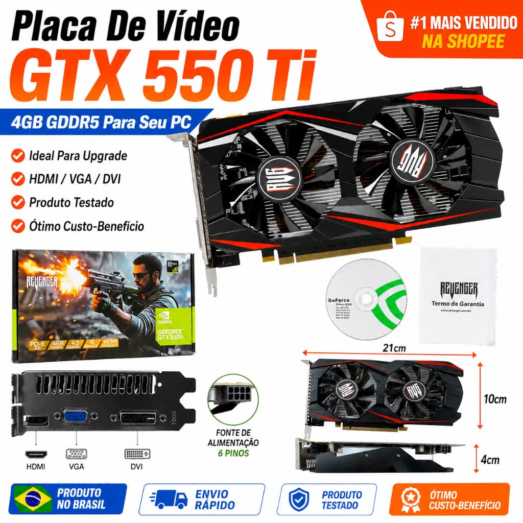 Placa De Video GTX550TI 4GB GDDR5 Directx@ 11 OpenGL 4.5 128 bits Suporta Até 2 Monitores