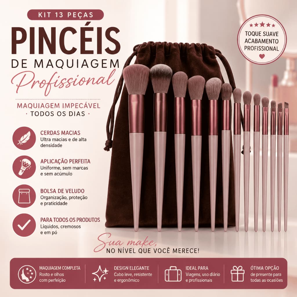 Kit 13 Pincéis de Maquiagem Profissional Completo Bolsa de Veludo Maciez Precisão (Cores Sortidas)