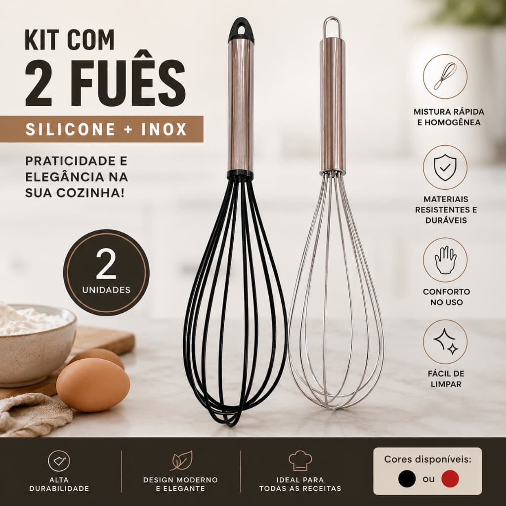 Kit 2 Fuês Batedores Manuais Premium Silicone e Aço Inox – Preto e Inox | Misturador para Bolos, Massas e Molhos