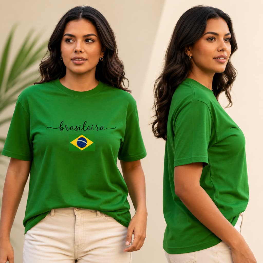 Camiseta Feminina Brasileira Verde Manga Curta Estampada Casual Confortável Moda Feminina