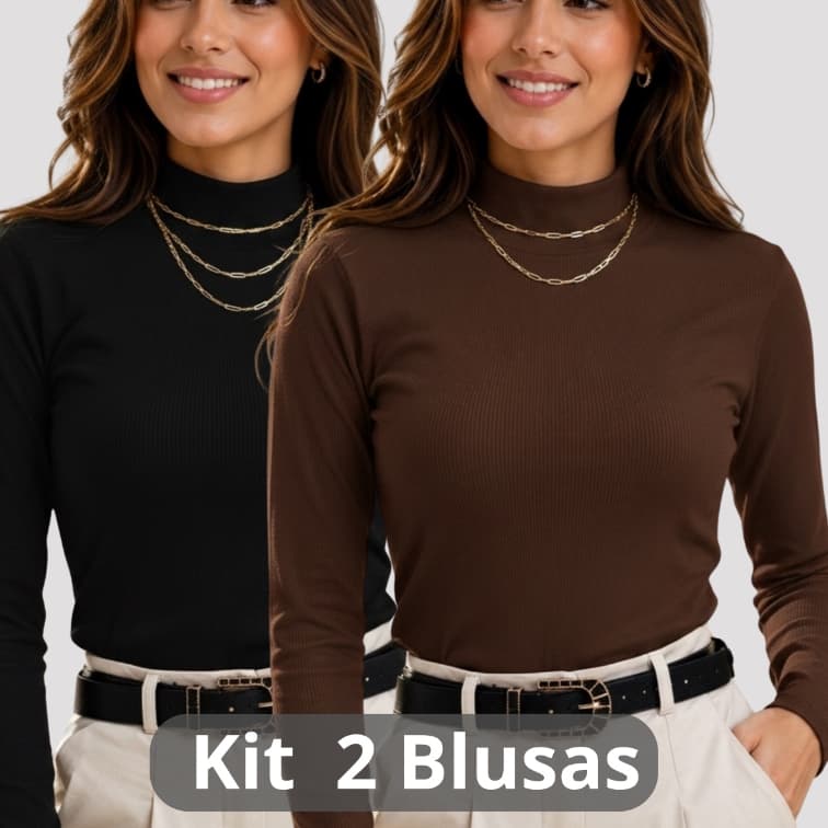 Kit 2 Blusas Feminina Canelada Gola Alta Manga Longa Segunda Pele Básica Premium Casual