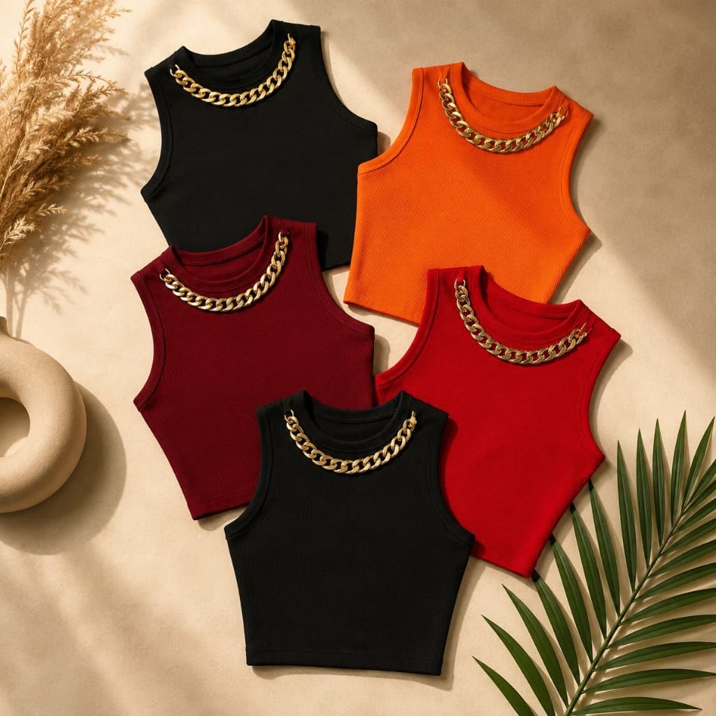 Regata Cropped Blusa Canelado Com Corrente Grossa Dourada Sem Bojo
