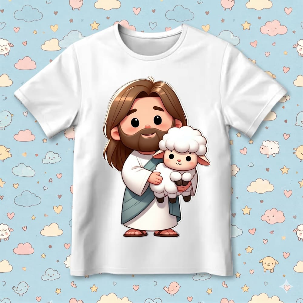 Camisa Infantil Jesus Cristo Ovelha Religião Camiseta 100% Algodão Estampada Qualidade Premium
