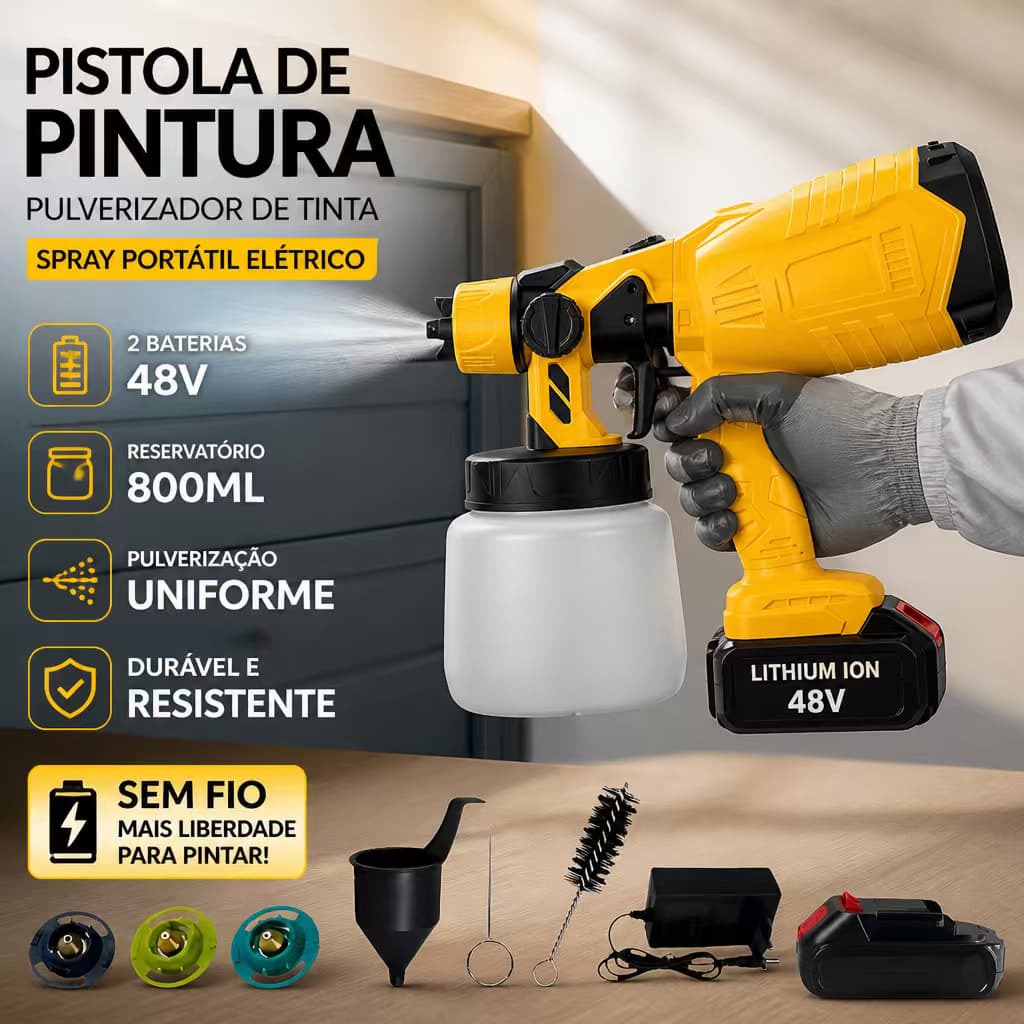 Pistola De Pintura 48v Recarregável 1l Pulverizador 2 Bateria 48V Pulverizadora Spray Profissional Multifunções