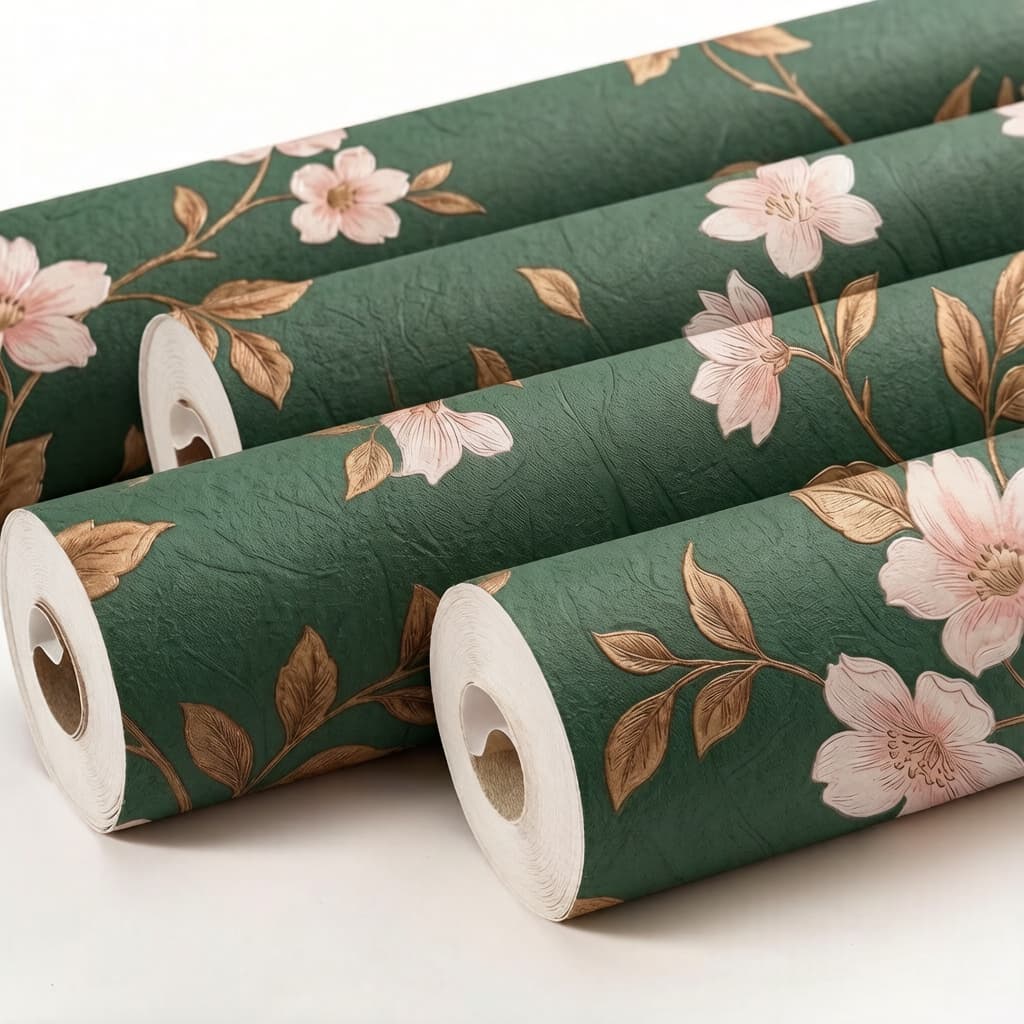 Papel de Parede Floral Vintage Verde com Flores Rosas Reforçado para Sala e Quarto 9,5M×53CM