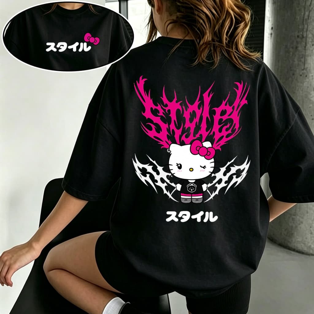 Camiseta 100% Algodão Feminina Frente e Costas Hello Kitty Chama Rosa Kanji Japonês Streetwear Alternativo,Size P ao G3