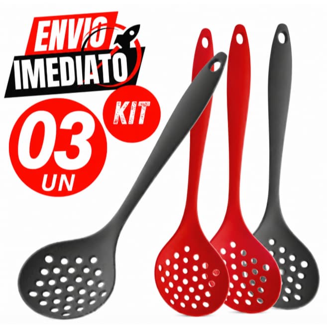 Conjunto 03 Escumadeira de Silicone Premium Resistente Alta Temperatura 230° Casa Cozinha