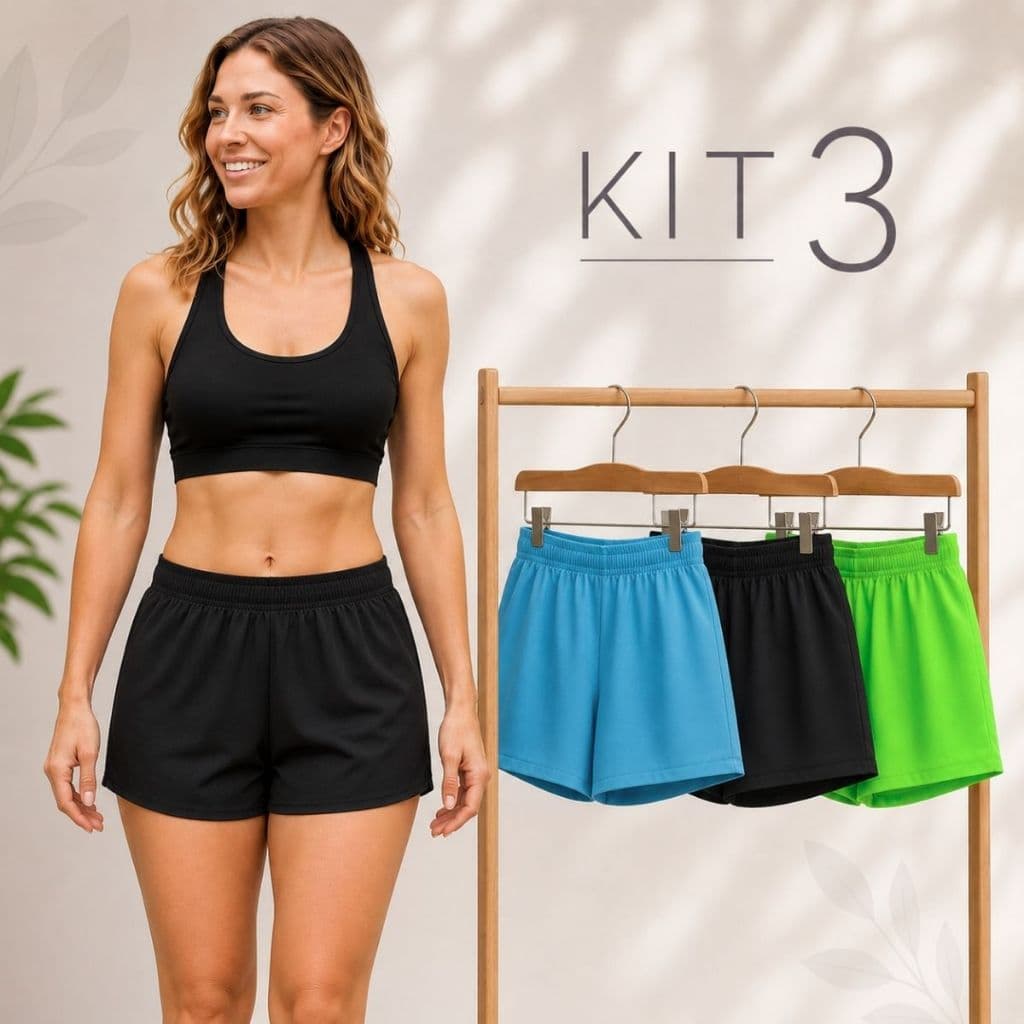 Kit 3 Shorts Feminino Curto Com Elastano Esportivo Treino Academia Praia Leve Confortável