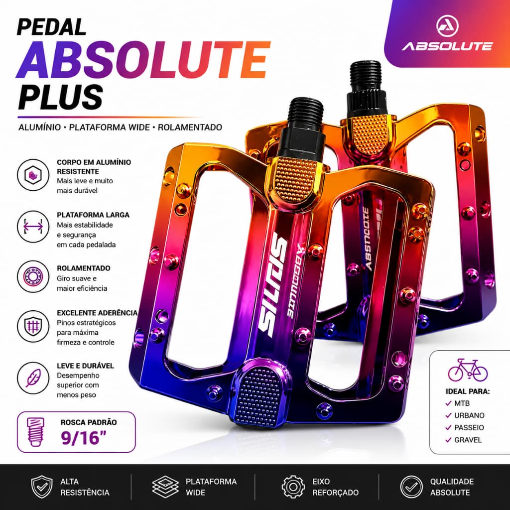 PEDAL PLATAFORMA ALUMINIO BRUTUS FLAT 9/16 OI ABSOLUTE ORIGINAL QUALIDADE PREMIUM