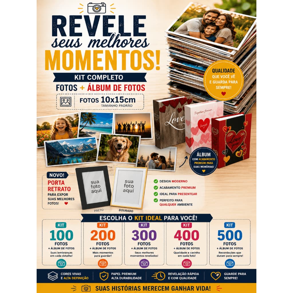 Kit com 100 a 400 Fotos 10x15 - com Álbum de Fotos - Papel Fotográfico Premium - Fotos Impressas