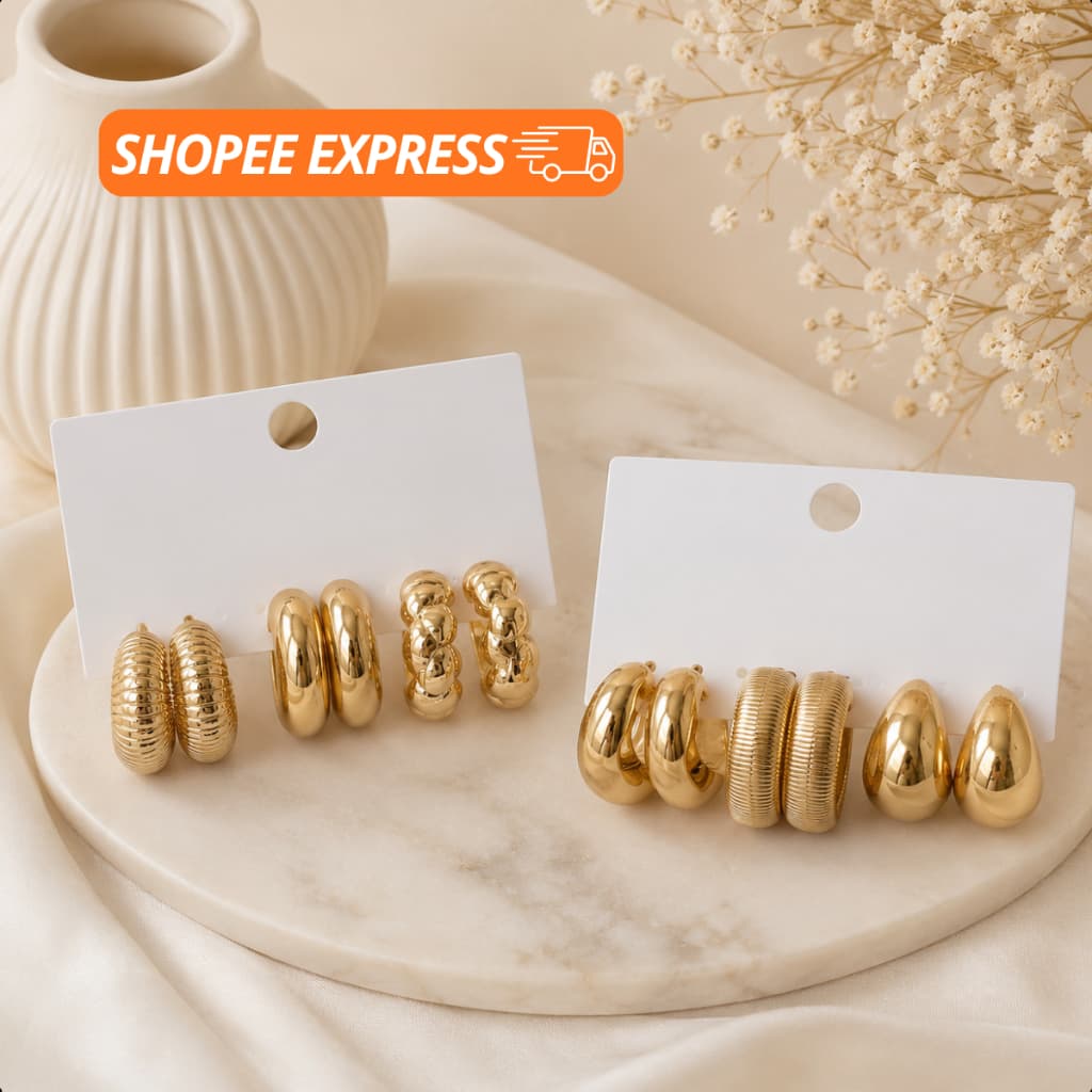 Kit Conjunto 6 Pares de Brincos Femininos Brinco Dourado Acessórios Formato Argola e Gota Feminina