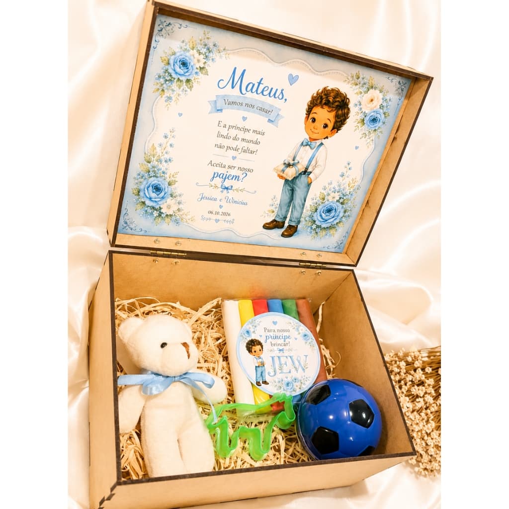 Convite Pajem de Casamento com Ursinho e Massinha - Caixa MDF Personalizada