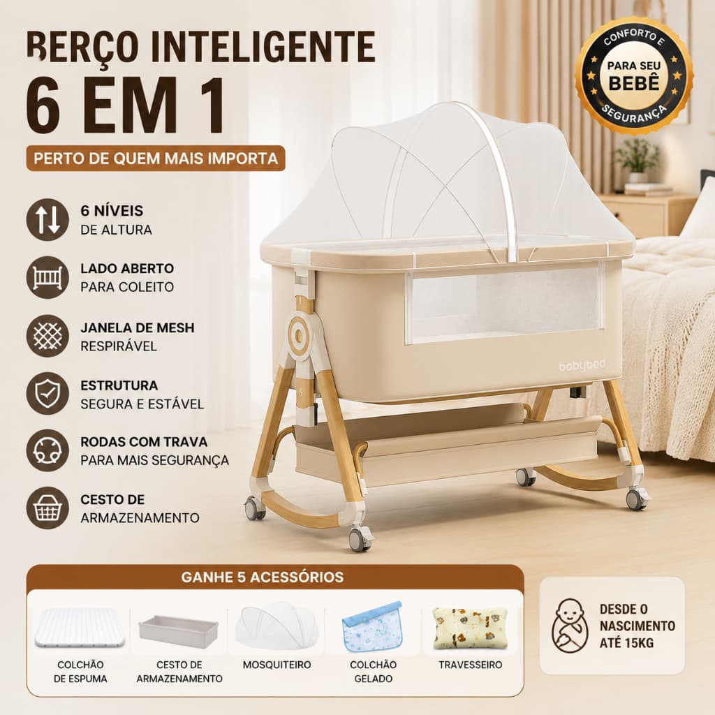 Berço Co-Sleeper 6 em 1 Regulável com Mosquiteiro, Colchão e Cesto Organizador | Altura Ajustável e Rodas com Trava