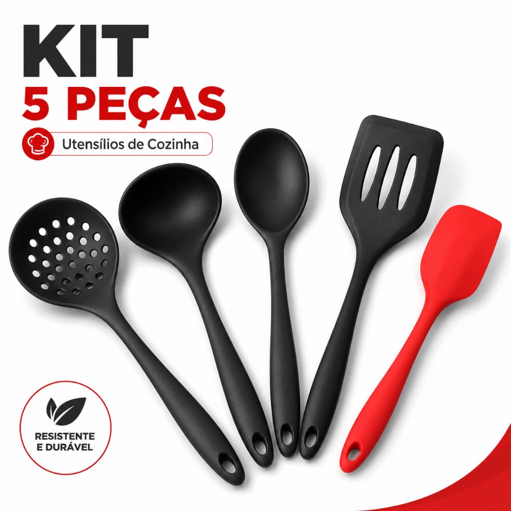 Kit Cozinha Utensílios de Silicone Colher Espatura Escumadeira Concha Pão Duro Vermelho Preto