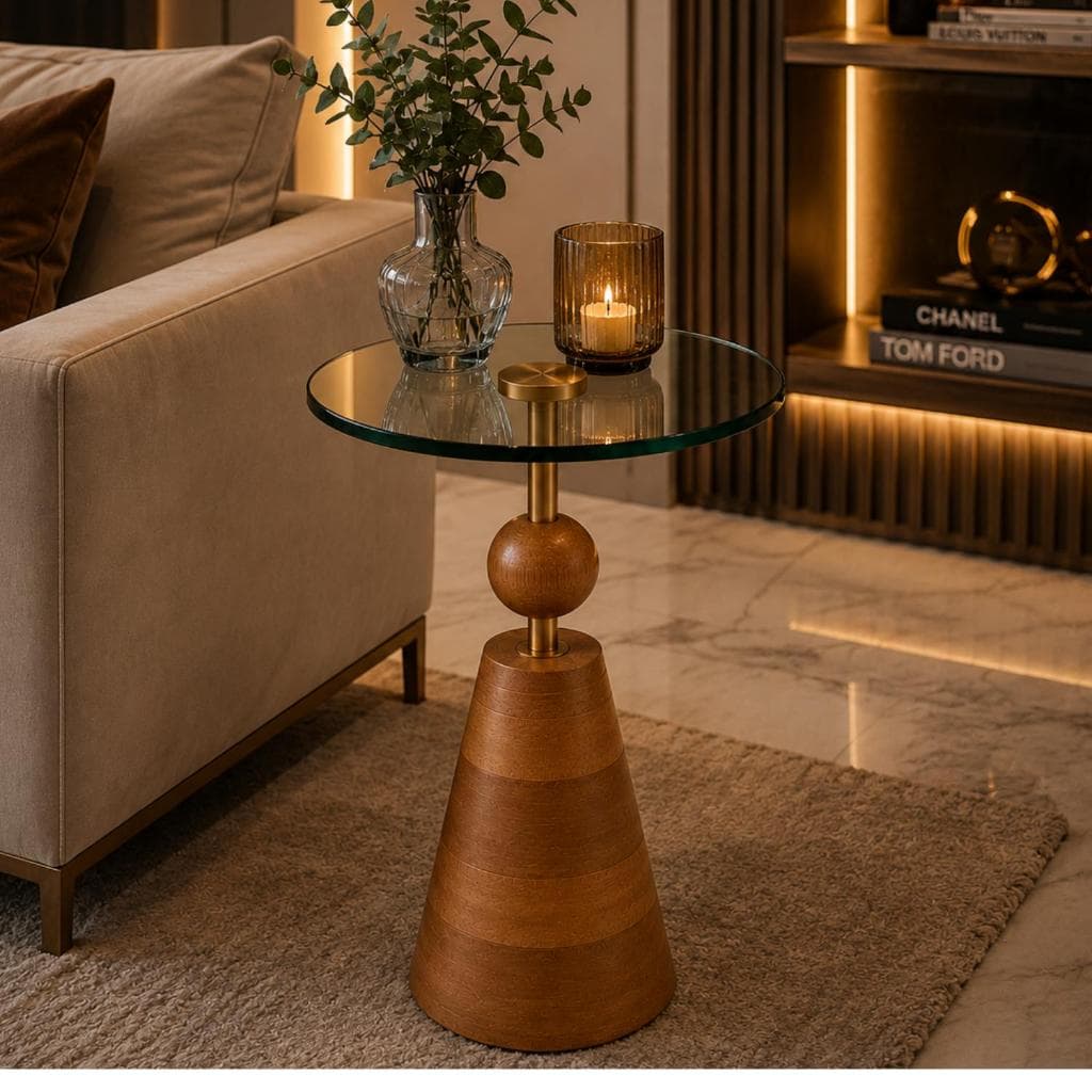 Mesa Lateral Elegante Vidro Temperado e Madeira Maciça