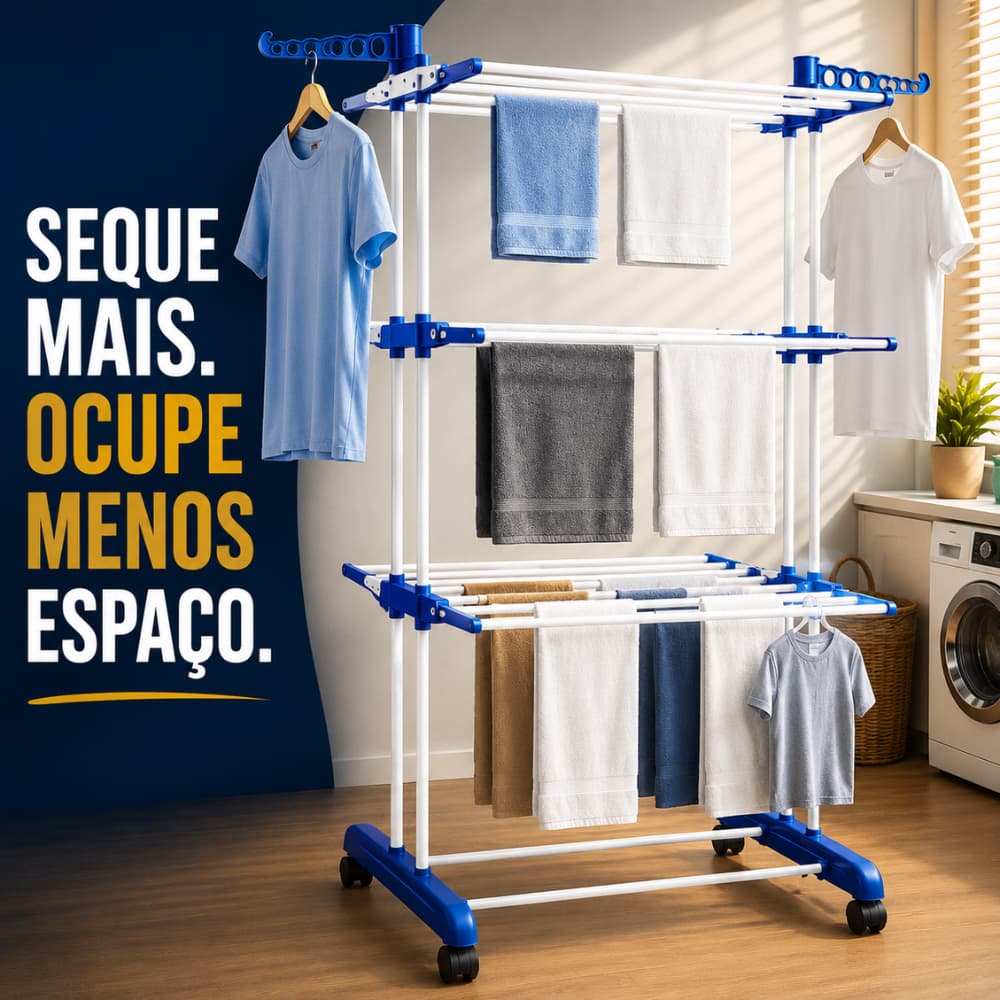 Varal Torre 3 Andares Retrátil Dobrável Inoxidável Branco com Rodinhas - Resistente até 40kg