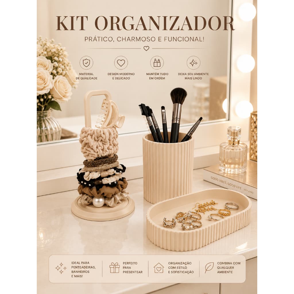 Kit Organizador de Mesa Luxo 3 em 1 Porta Pincel/Caneta Suporte Xuxa e Bandeja Organizadora