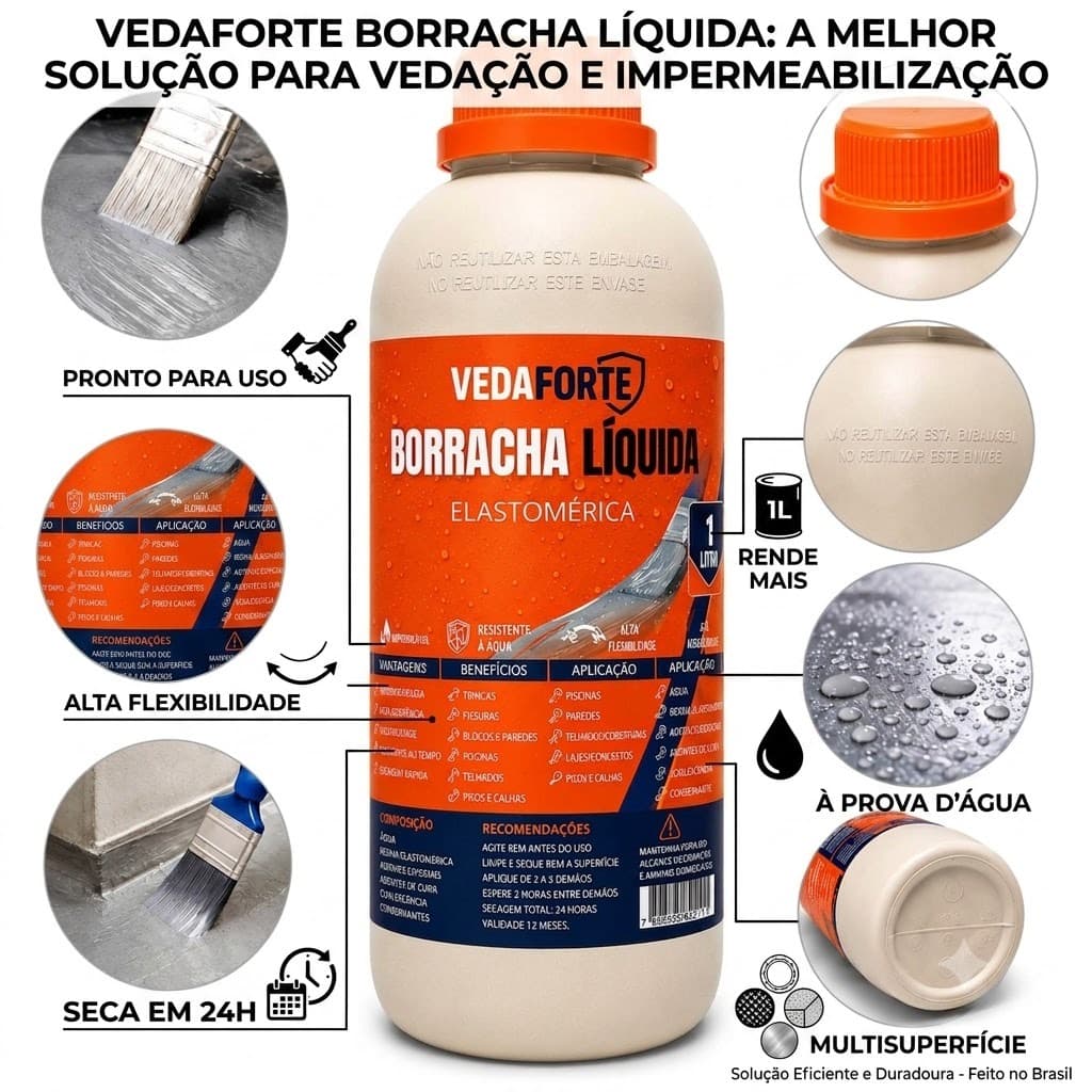 Borracha Líquida Vedaforte Impermeabilizante Flexível Telhado Laje Calha Vedação Anti-Infiltração
