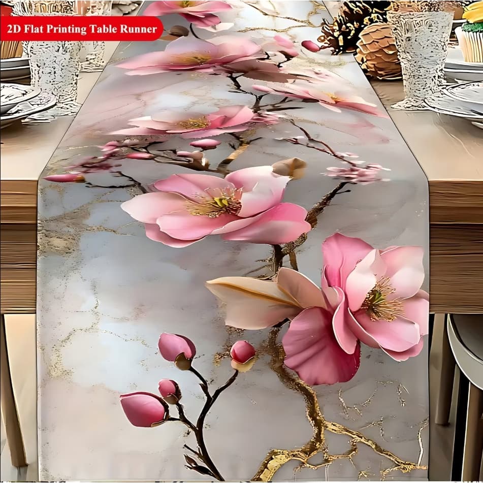 Caminho de Mesa Elegante com Padrão de Mármore e Orquídeas Artificiais Cor-de-Rosa - Toalha de Mesa Retangular em Poliés