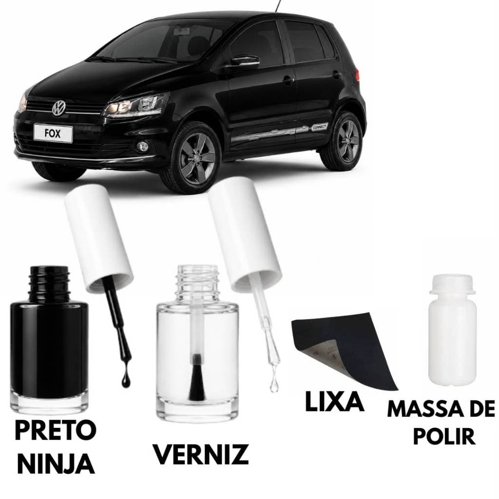 Tinta Tira Risco Preto Ninja Volkswagen Fox + Verniz + Lixa + Massa de Polir