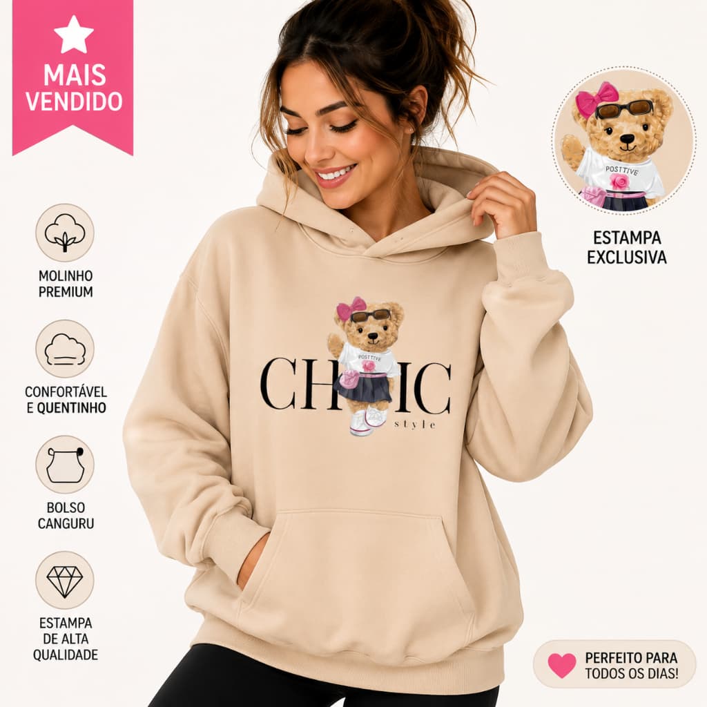 Moletom Feminino Canguru Chic Style Ursinha Fofinha Com Capuz Confortável Premium