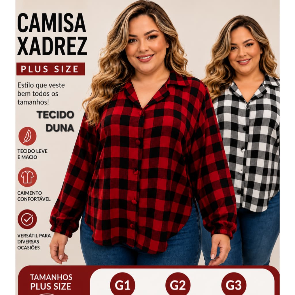 Camisa Xadrez Feminina Manga Longa Plus Size G1 G2 G3 Festa Junina Confortável Tecido DUNA ESTAMPADO