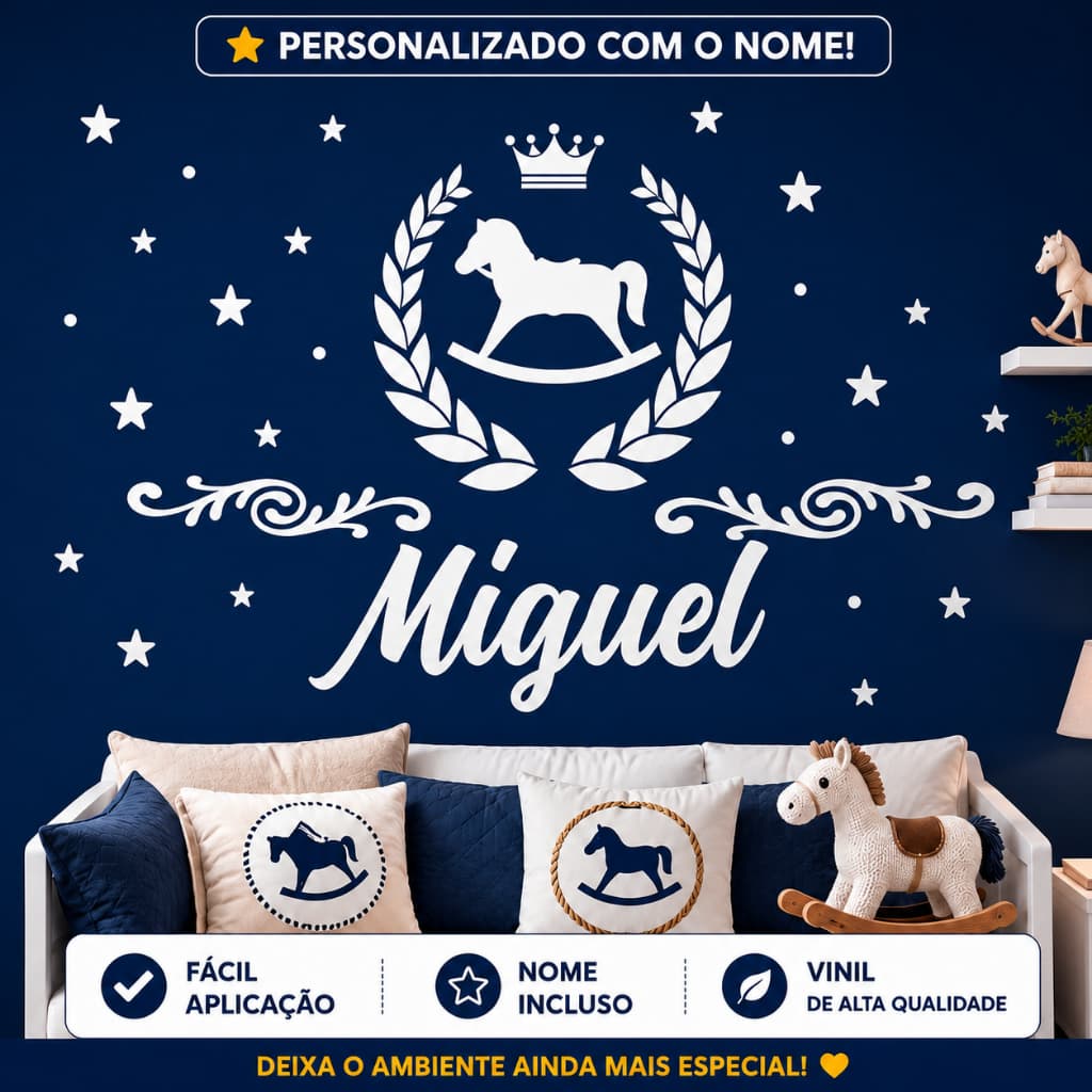 Adesivo de Parede Príncipe Cavalinho Realeza Coroa e Estrelas – Personalizado Quarto Menino