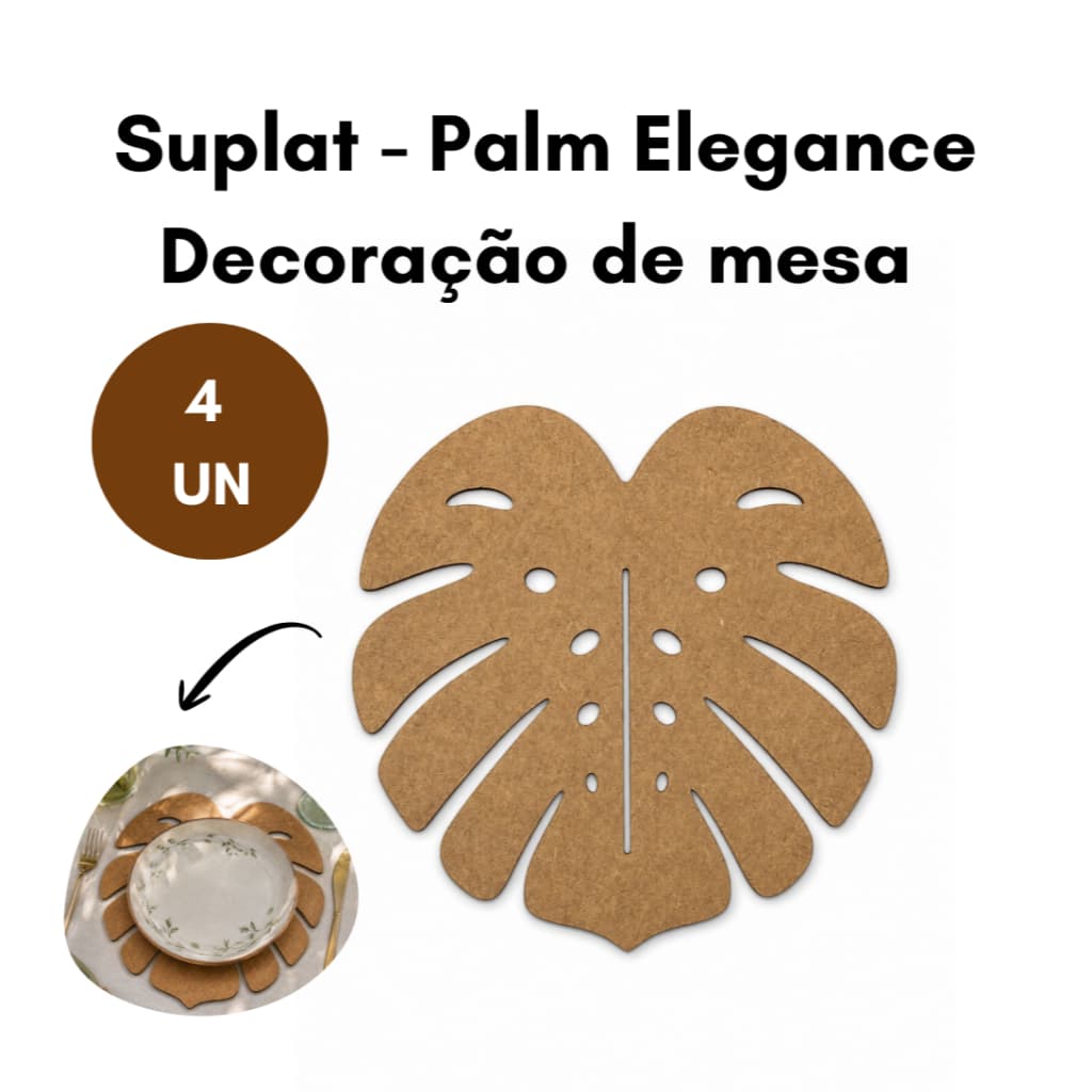 Suplat Folha Costela de Adão Mdf 20cm Mesa Posta Palm Elegance Kit 4 Unidades