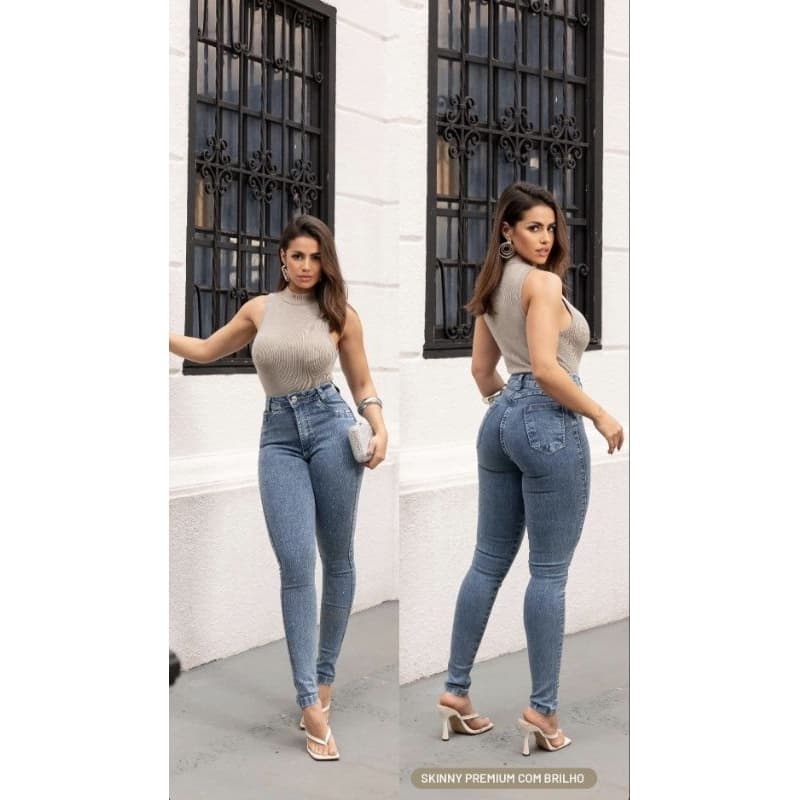 Calça Jeans Skinny Feminina Com Strass, Calça Skinny Feminina Elastano Com Brilho, Calça Skinny Lycra Premium.