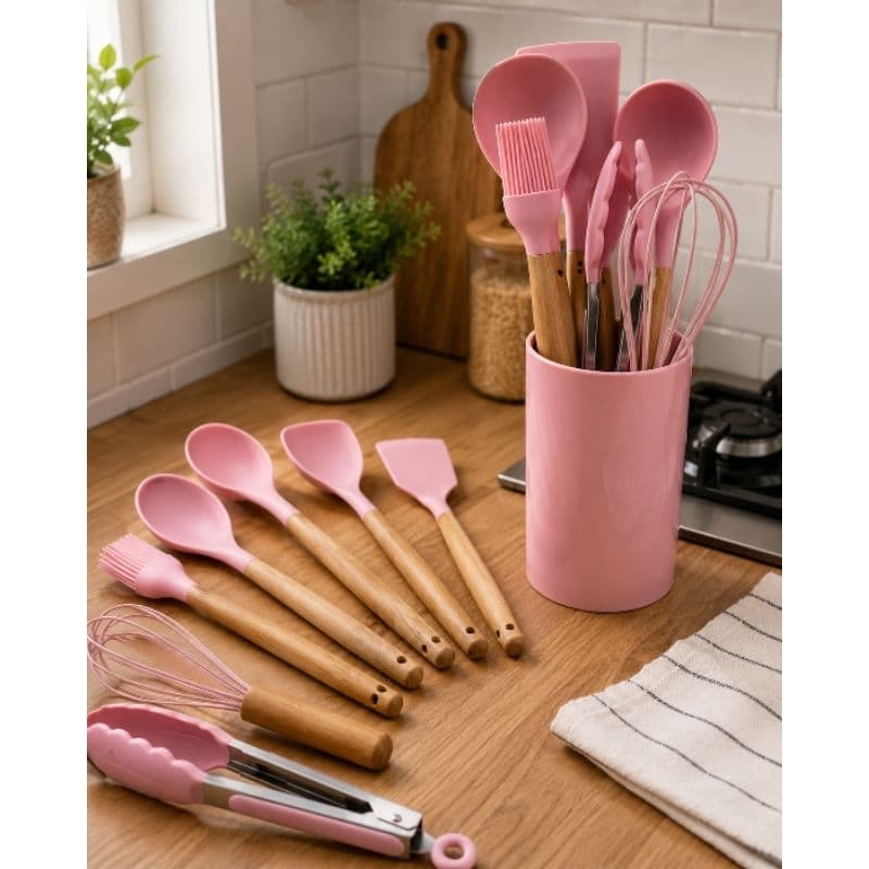 Kit Utensilios Silicone 8 Pecas Antiderrapante Resistente Cozinha Rosa