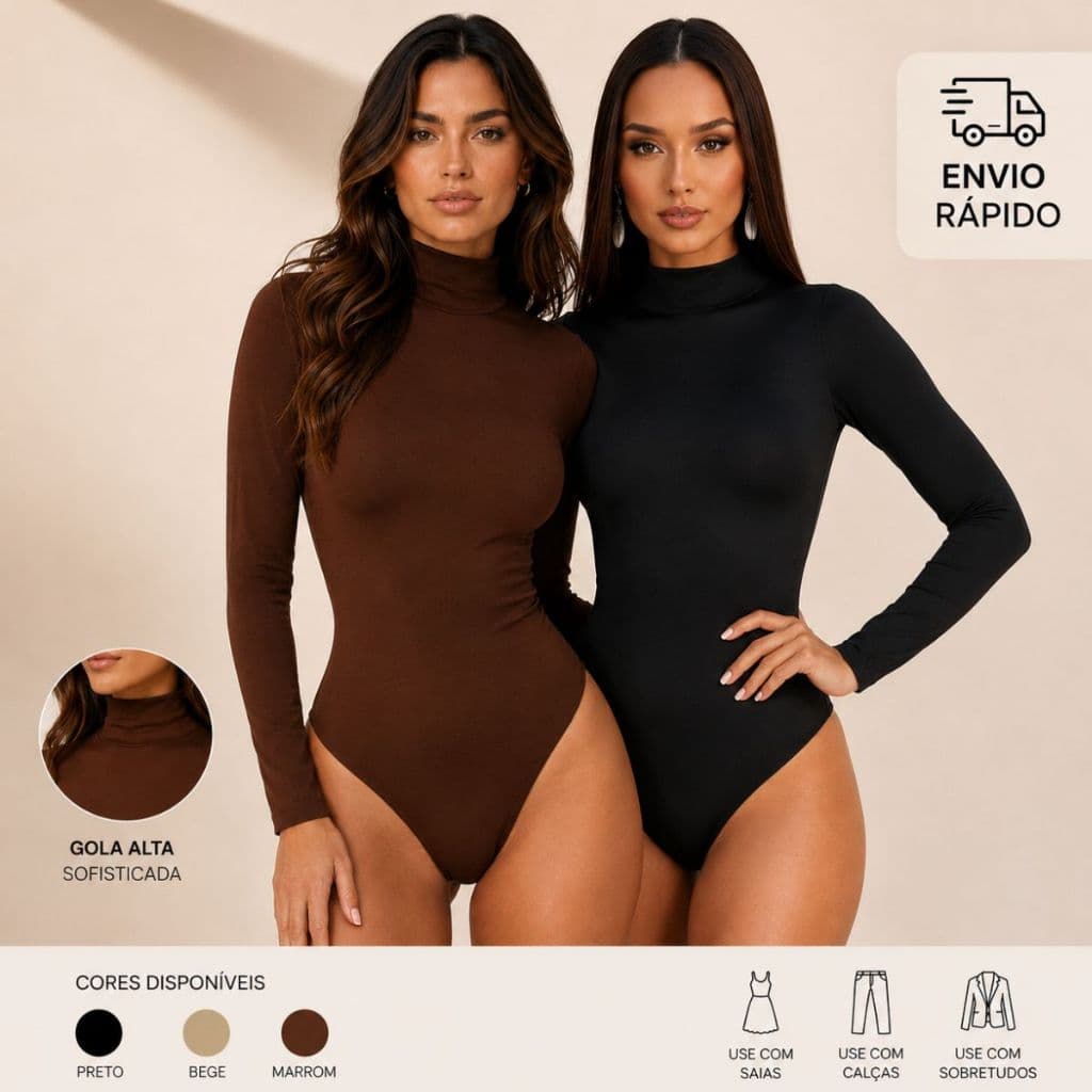 Kit 2 Body Feminino Gola Alta Cacharrel Manga Longa Suplex Liso Bori Segunda Pele Inverno Elegante